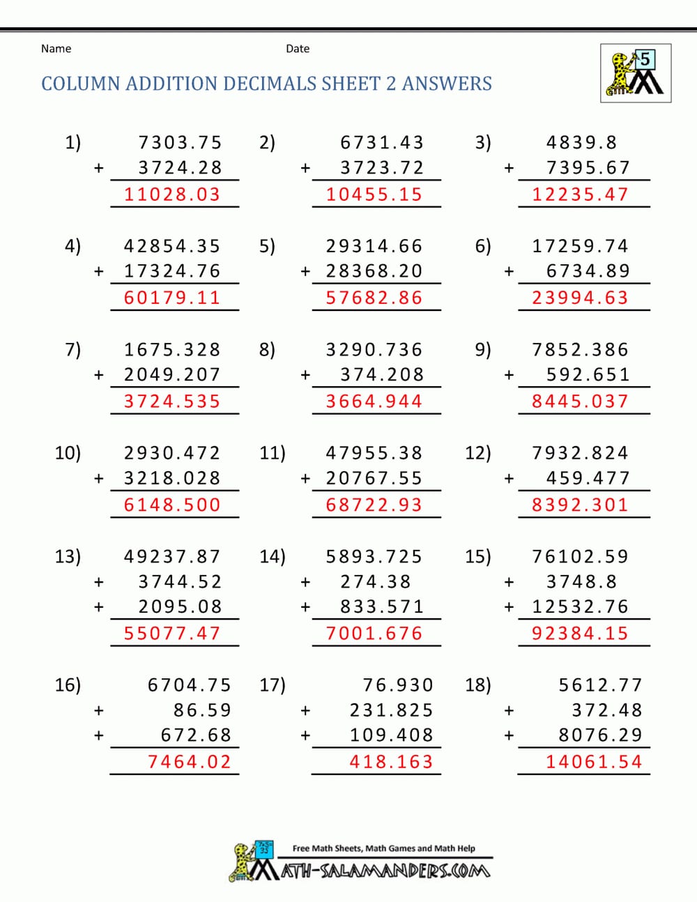 Math Worksheets For Fifth Grade Adding Decimals —
