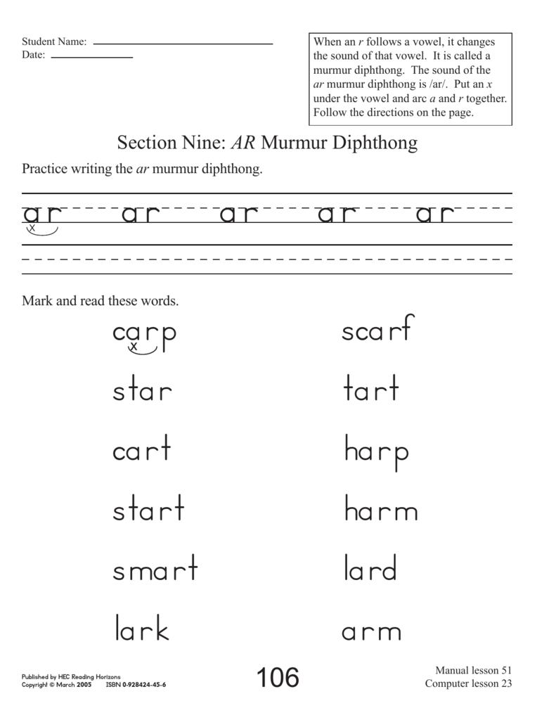 Murmur Diphthong Reading Horizons —