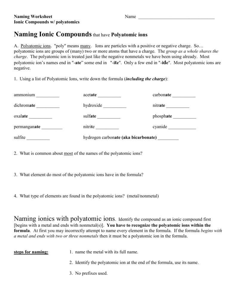 Naming Compounds Containing Polyatomic Ions Worksheet —