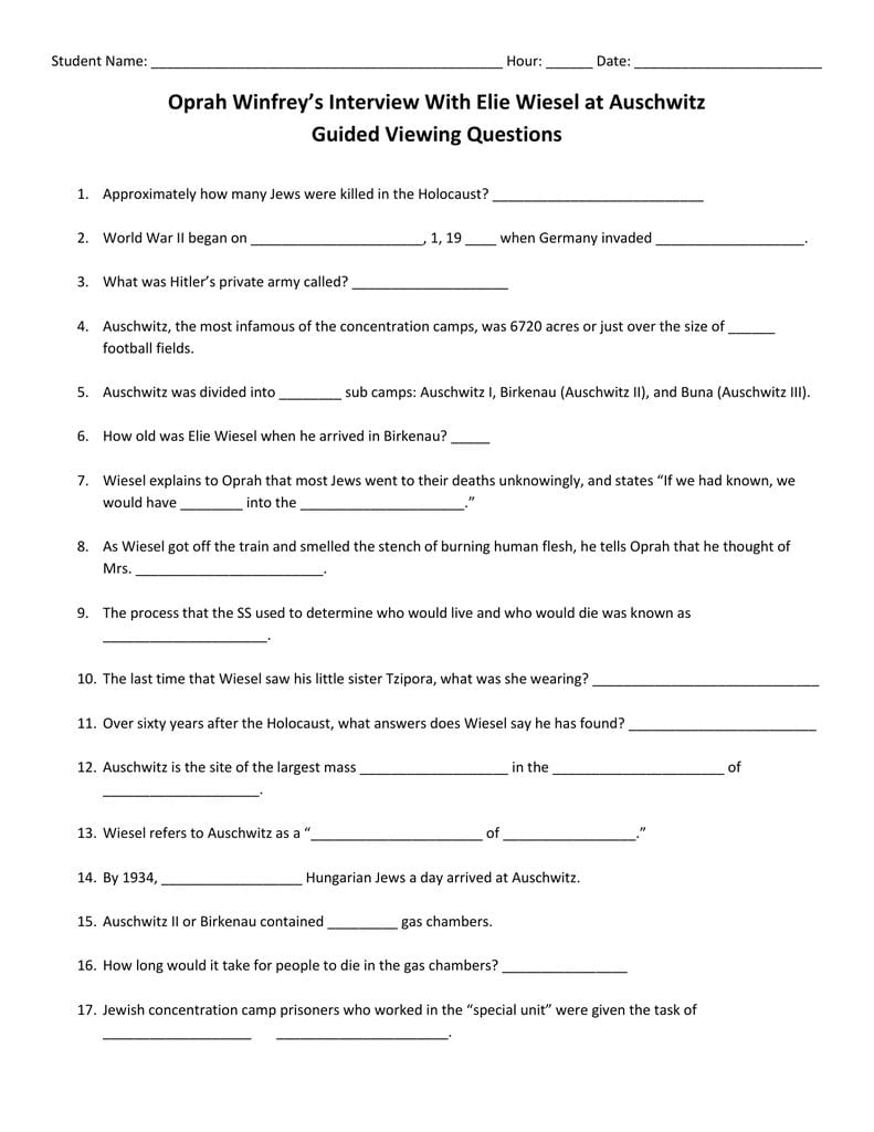 Oprah Elie Wiesel Auschwitz Death Camp Worksheet Answers —