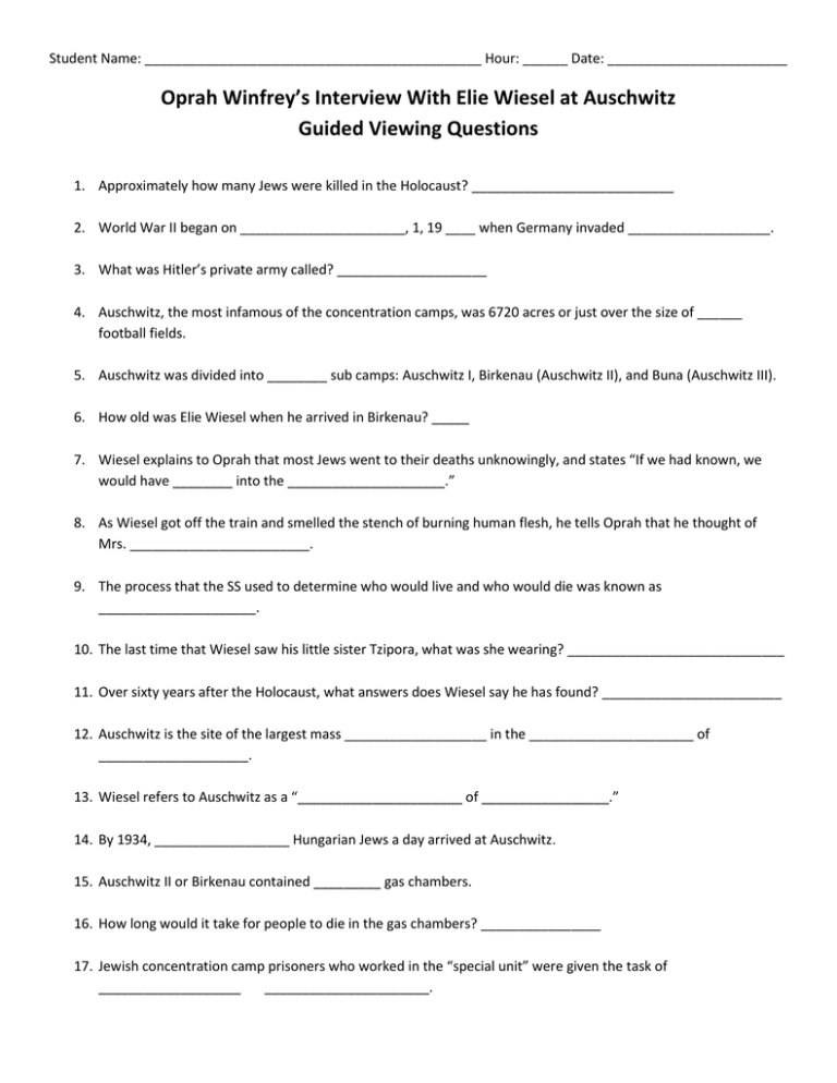 Oprah And Elie Wiesel At Auschwitz Worksheet Answer Key —