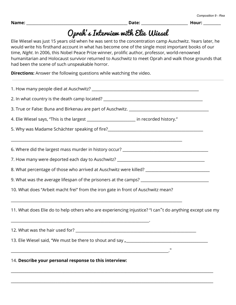 Oprah And Elie Wiesel At Auschwitz Worksheet Answers —