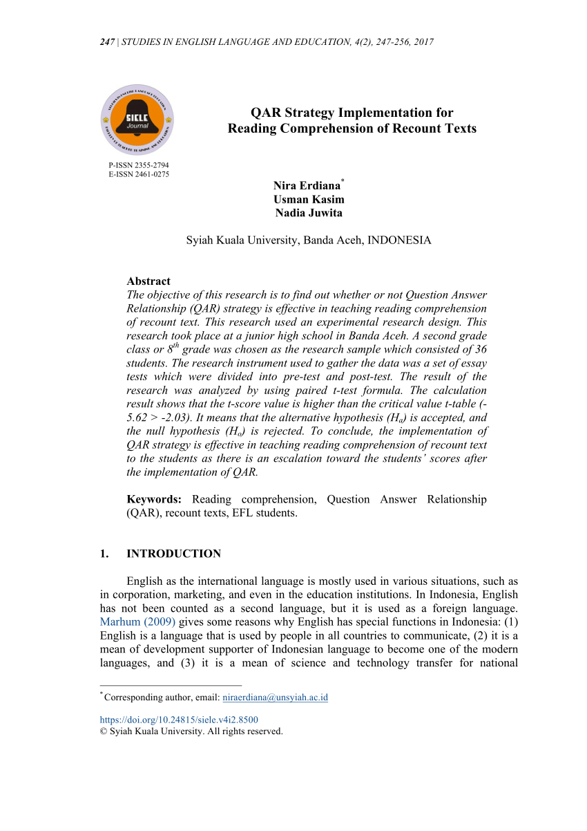 Pdf Qar Strategy Implementation For Reading Comprehension —
