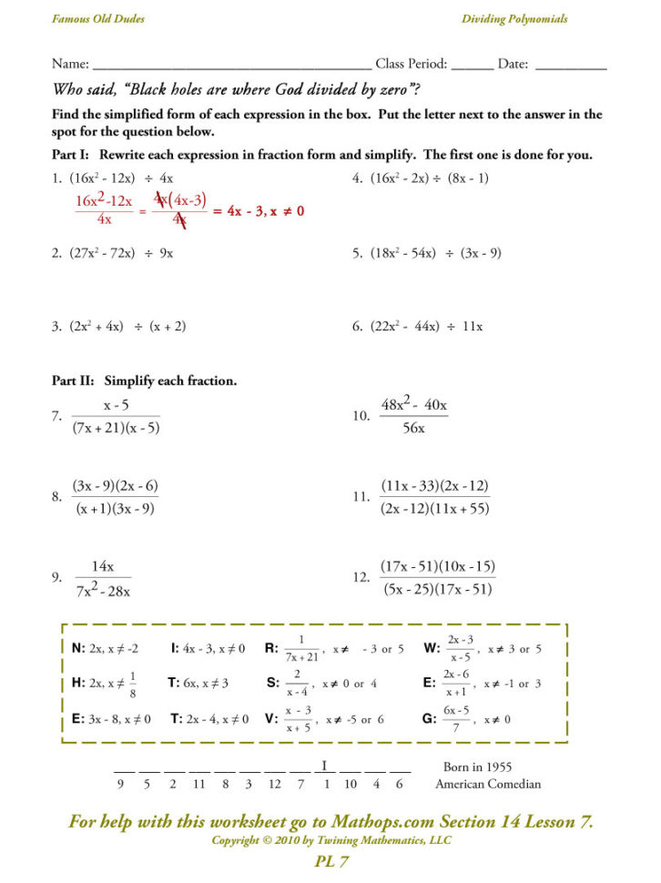 Dividing Polynomials Worksheet —