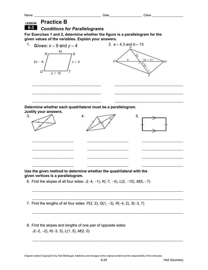 Practice B Conditions For Parallelograms —
