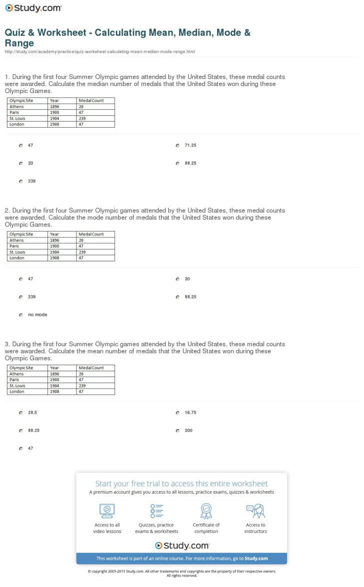 Quiz Worksheet Calculating Mean Median Mode Range —