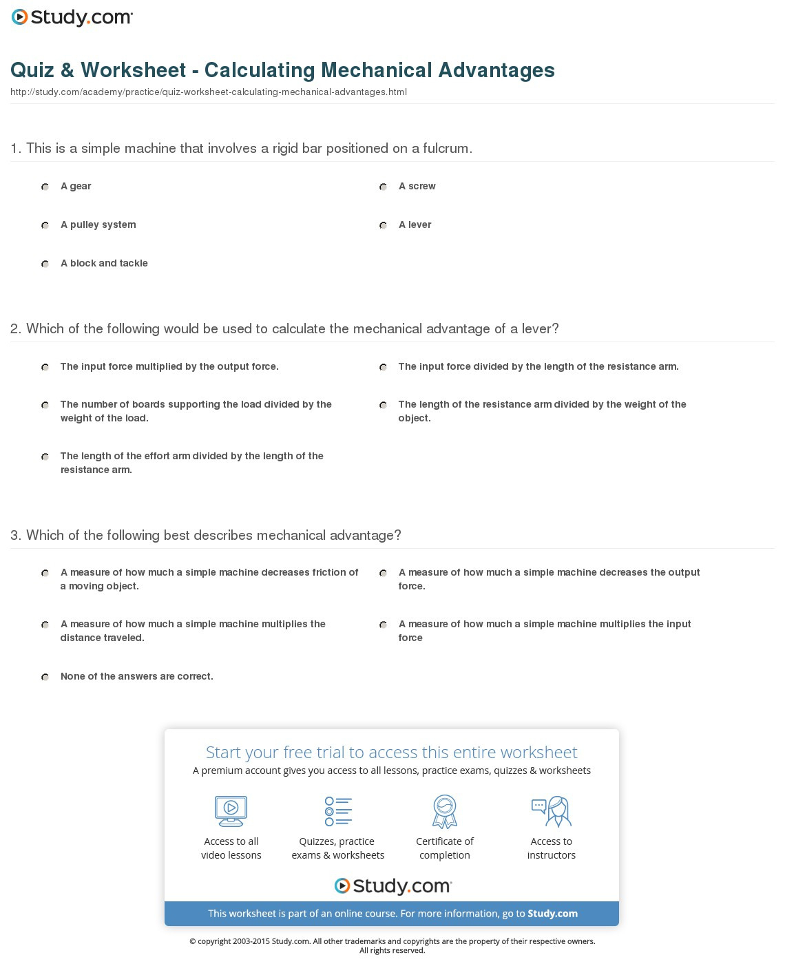 Quiz Worksheet Calculating Mechanical Advantages Study —