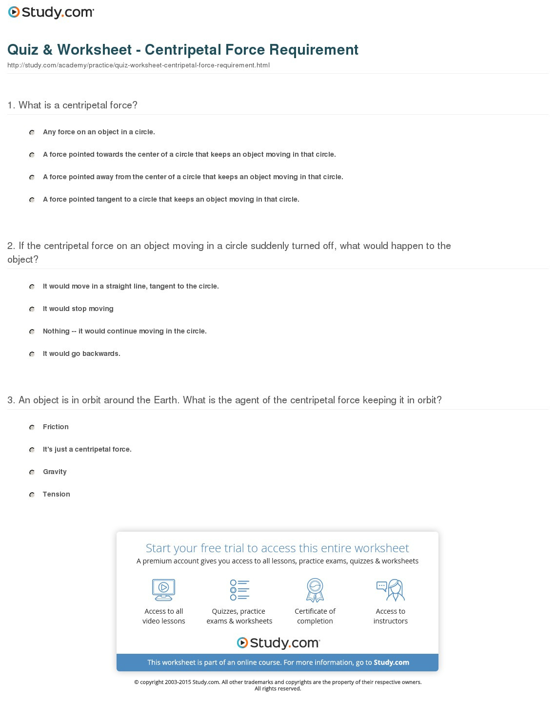 Quiz Worksheet Centripetal Force Requirement Study —