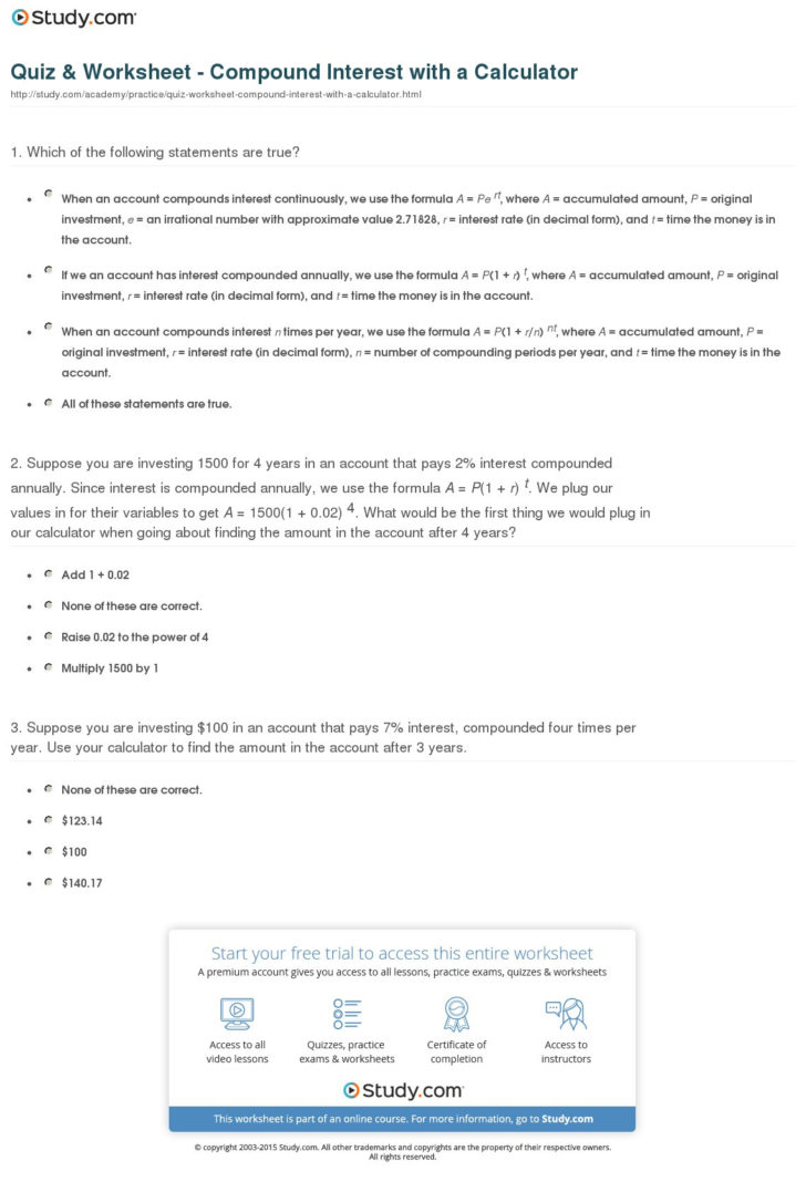 Quiz Worksheet Compound Interest With A Calculator —
