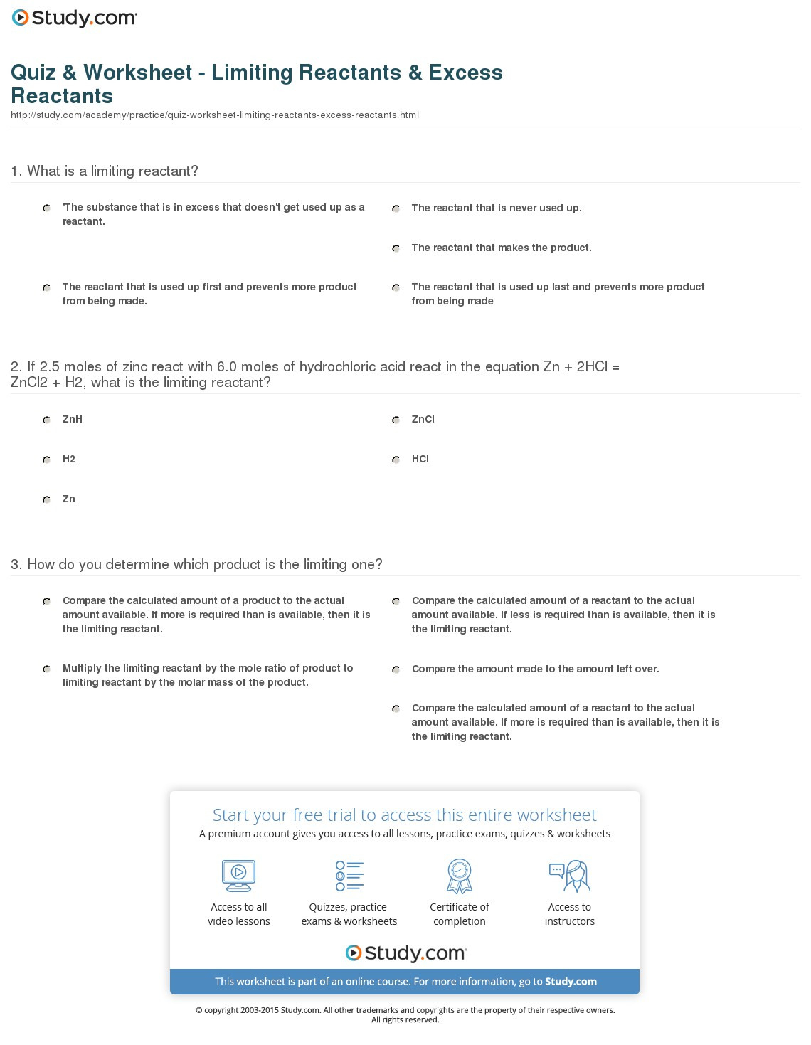 Quiz Worksheet Limiting Reactants Excess Reactants —