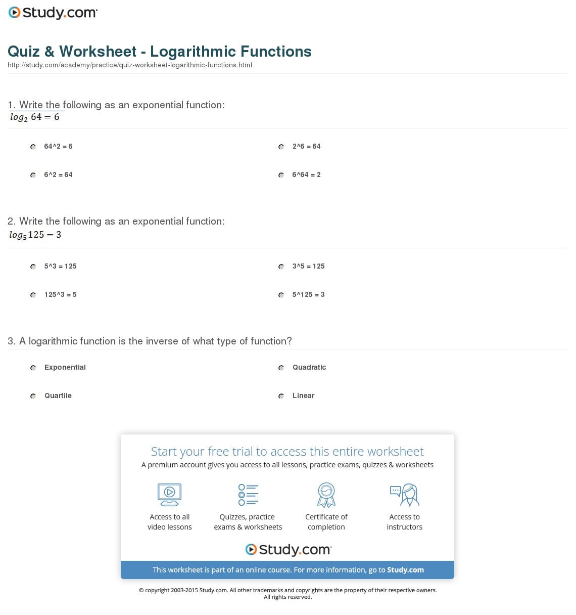 Exponential And Logarithmic Functions Worksheet With Answers —