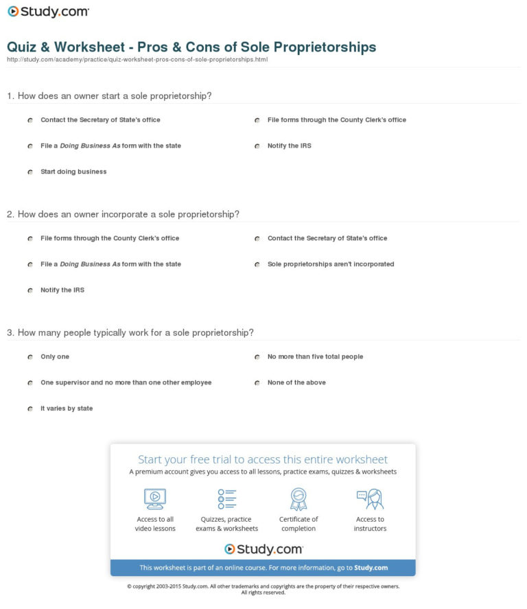 Quiz Worksheet Pros Cons Of Sole Proprietorships —