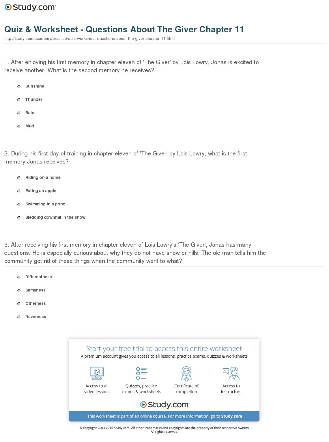 Quiz Worksheet Questions About The Giver Chapter 11 —