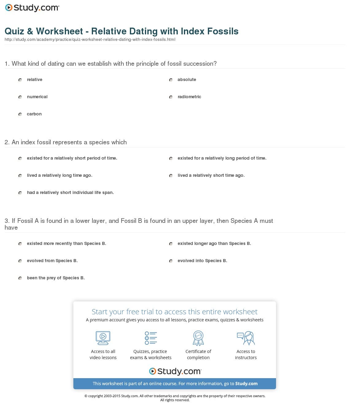 Quiz Worksheet Relative Dating With Index Fossils —