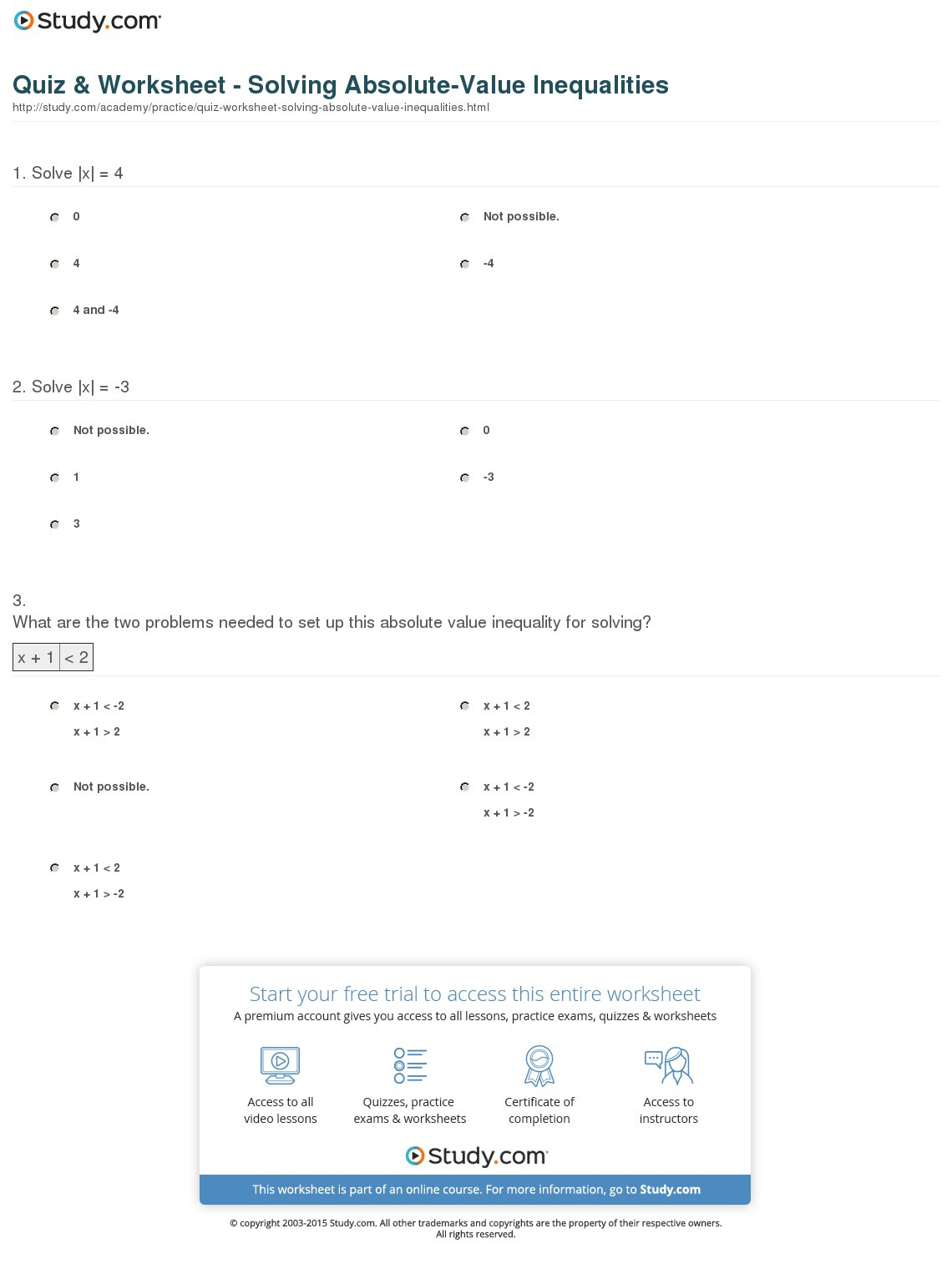 Quiz Worksheet Solving Absolutevalue Inequalities —