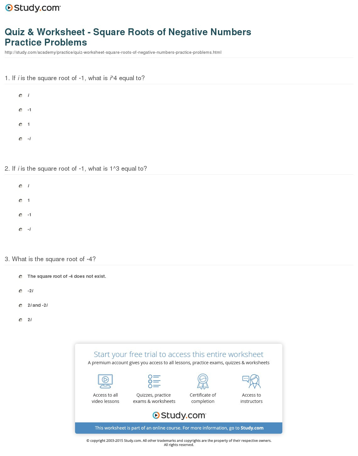Square Roots Of Negative Numbers Worksheet —
