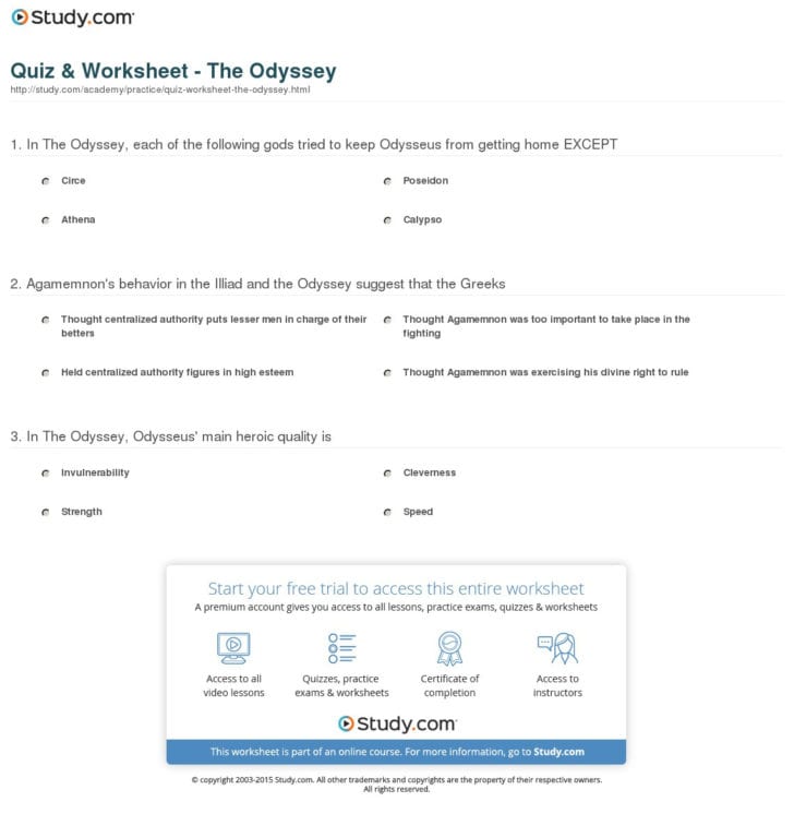 Quiz Worksheet The Odyssey Study —