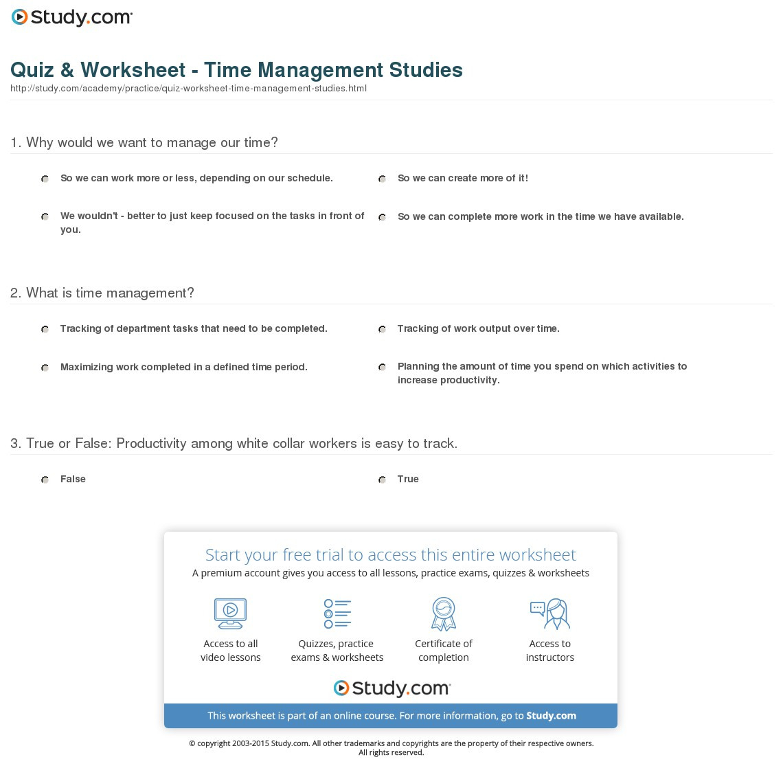 Quiz Worksheet Time Management Studies Study —