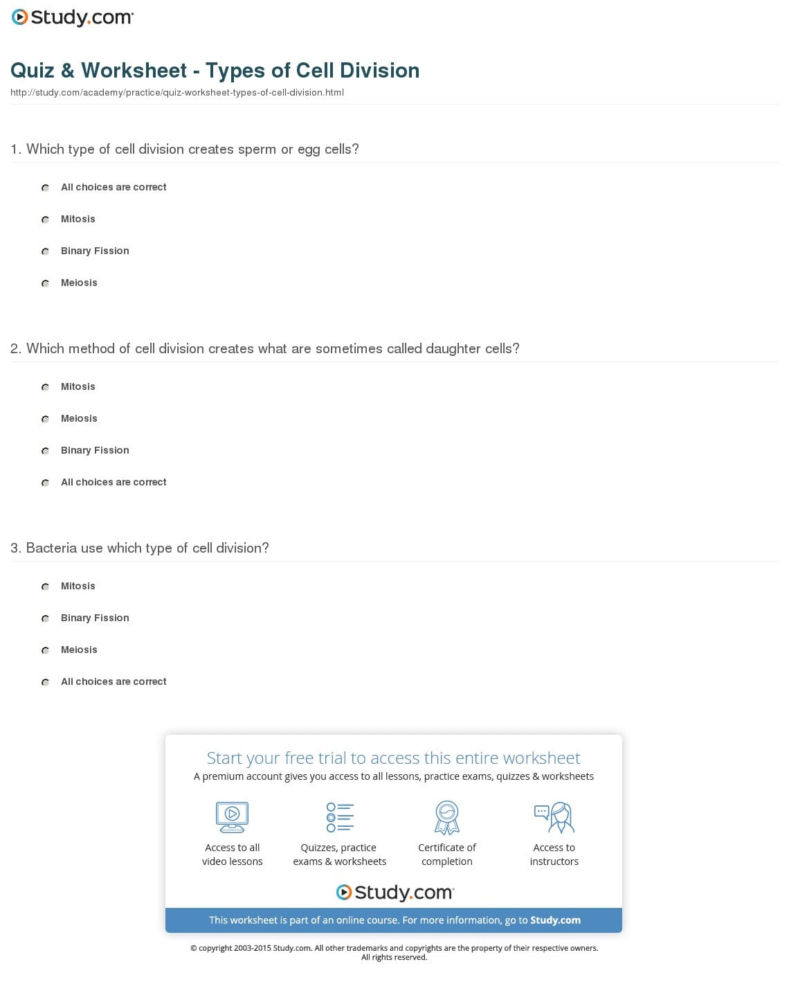 Quiz Worksheet Types Of Cell Division Study —