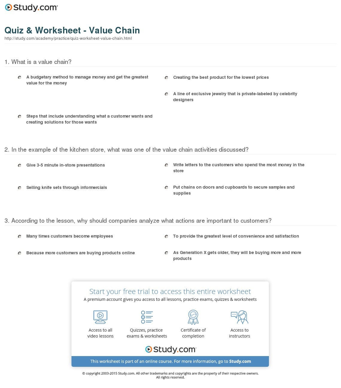 Quiz Worksheet Value Chain Study —