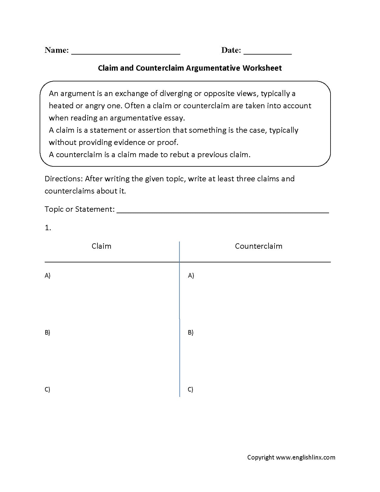 Claim Counterclaim Rebuttal Worksheet —