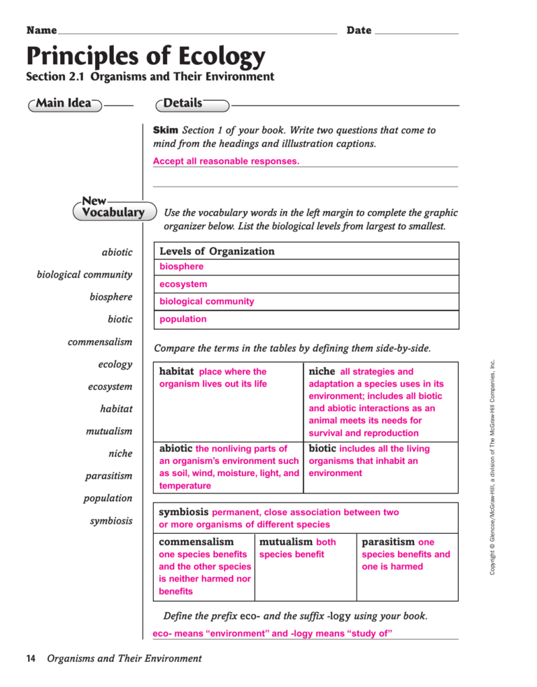 principles of ecology worksheet answers