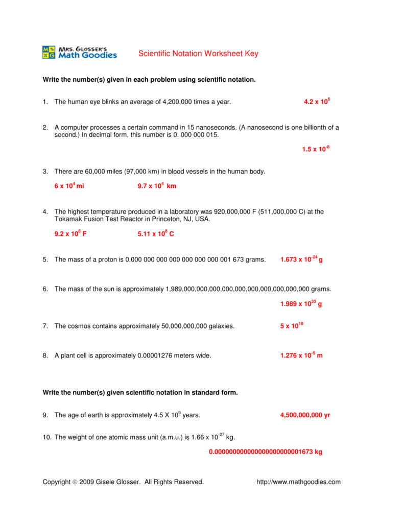 Scientific Notation Worksheet Key —