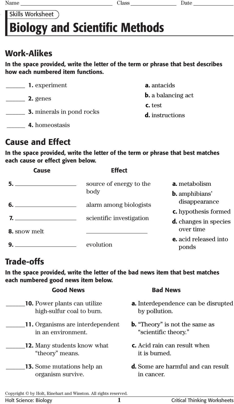 Critical Thinking Worksheet With Answers