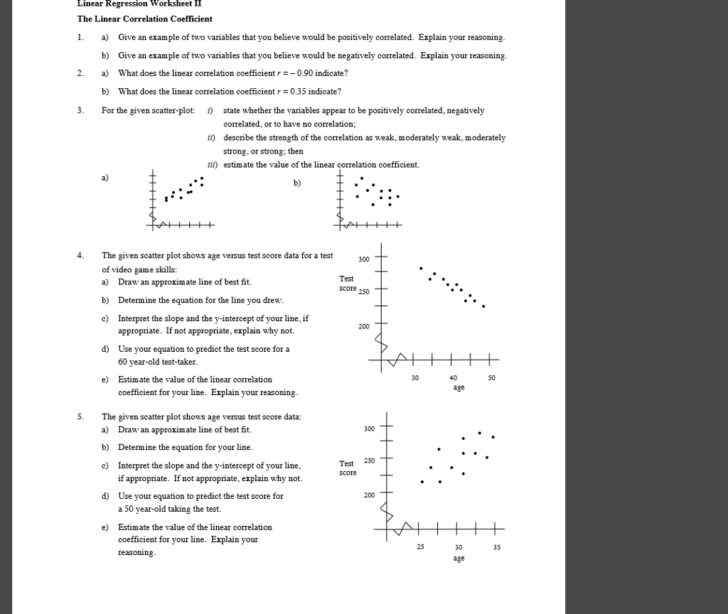 Linear Regression And Correlation Coefficient Worksheet —