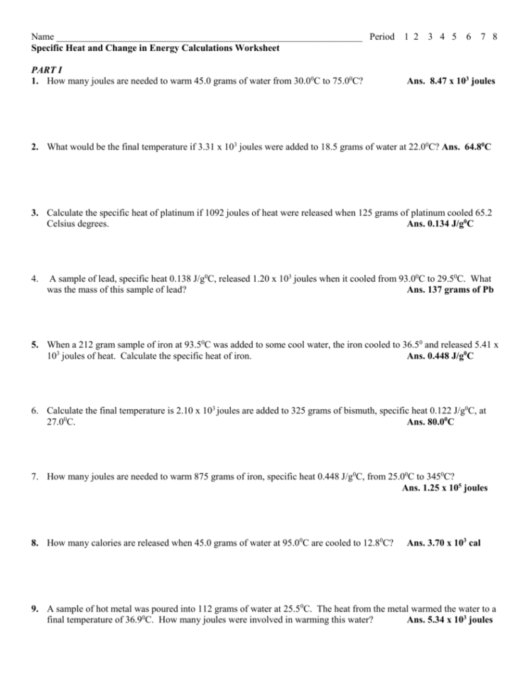 Specific Heat Calculations Worksheet — db-excel.com