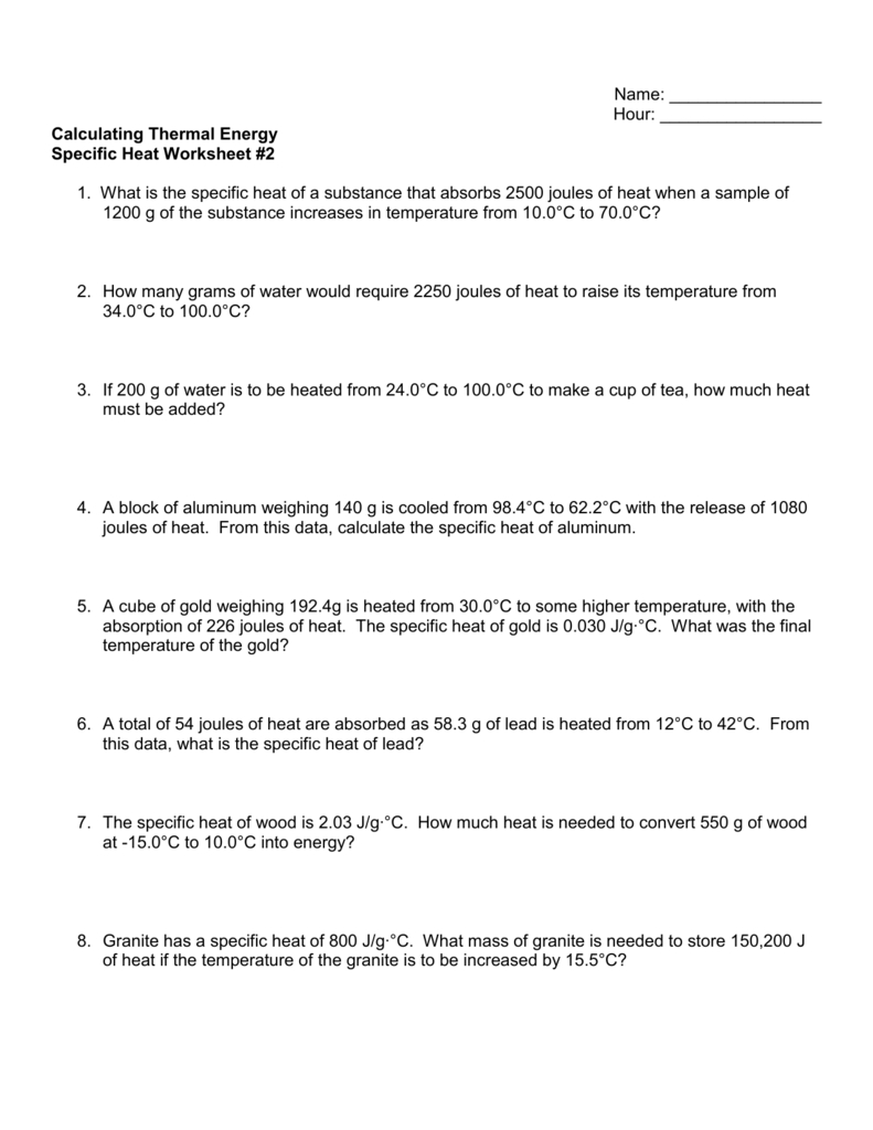 Specific Heat Worksheet 2 —
