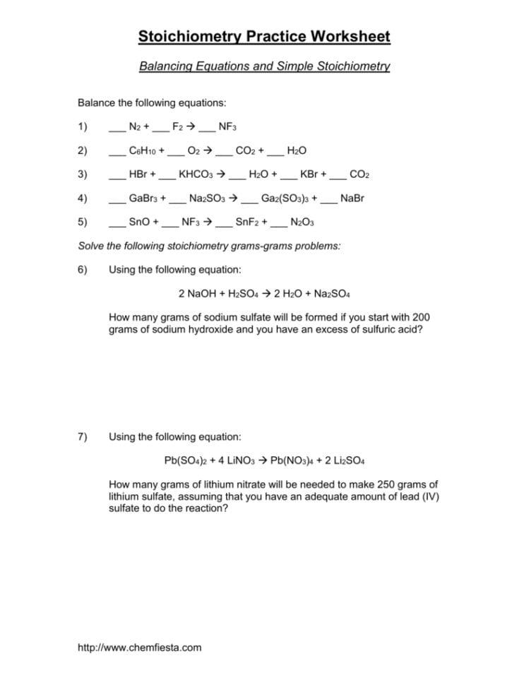 Chapter 6 Balancing And Stoichiometry Worksheet And Key