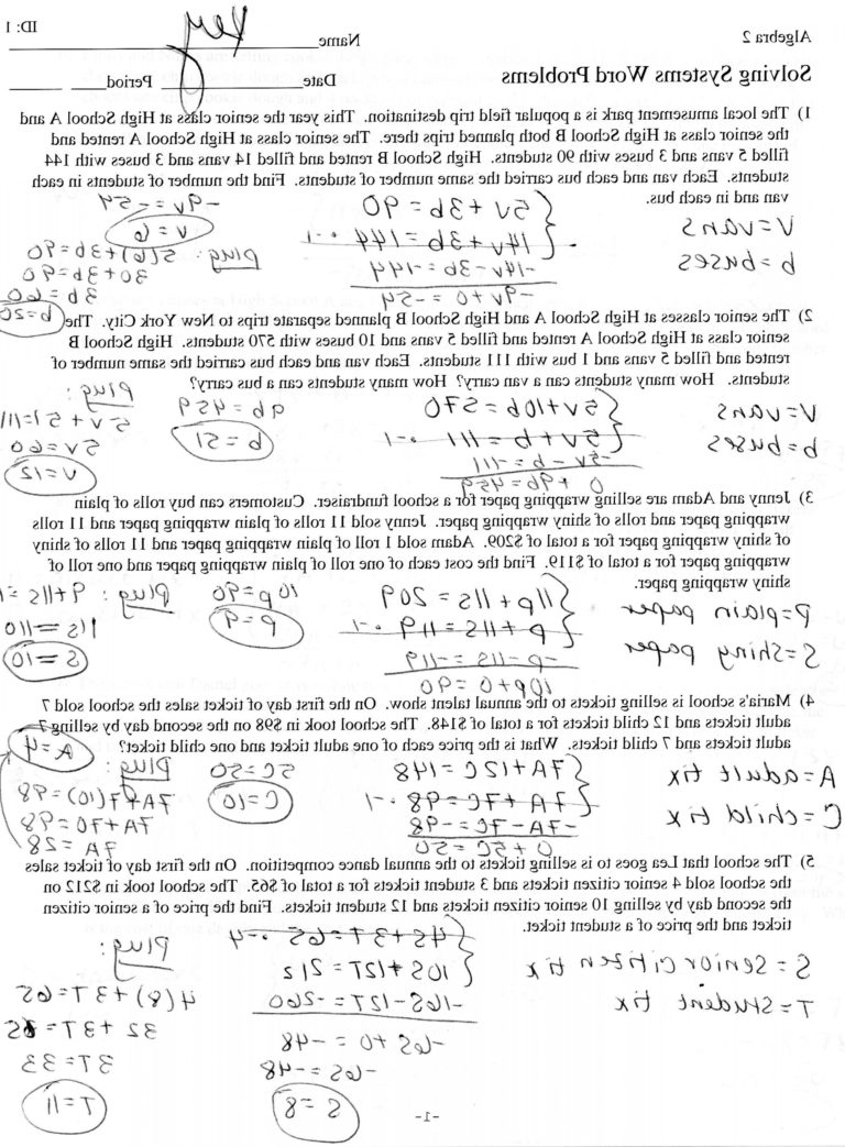 Substitution And Elimination Word Problems Worksheet —