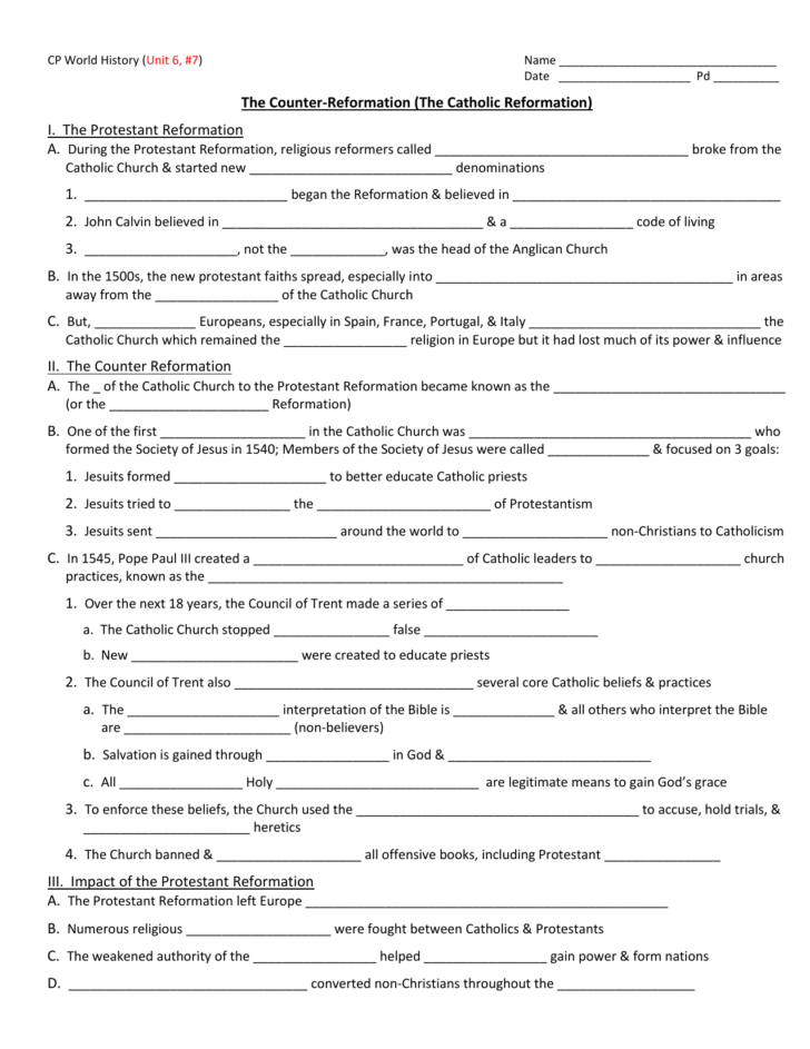 The Counter Reformation Worksheet Answers —