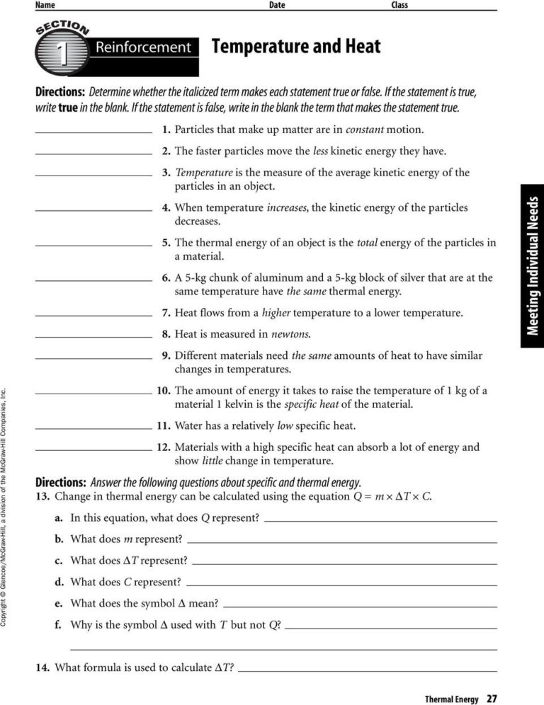 Thermal Energy Chapter Resources Includes Glencoe Science —