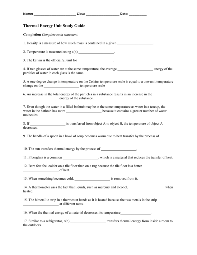 Thermal Energy Note Taking Worksheet Answers —