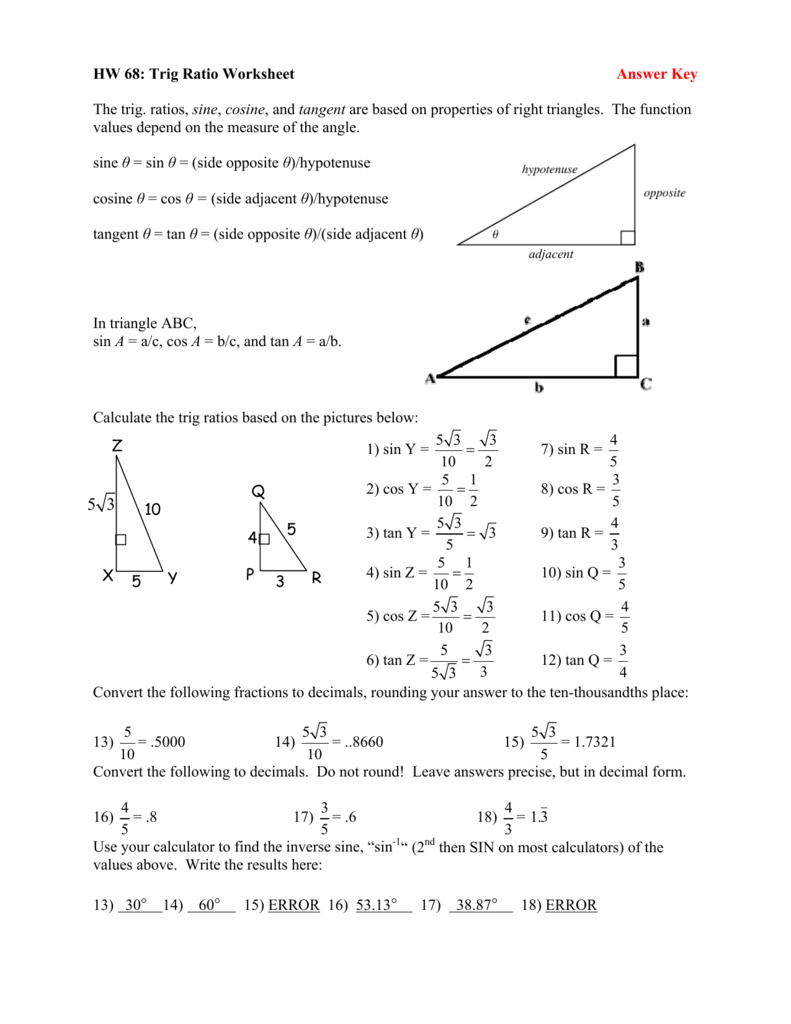 Trig Ratio Worksheet Answer Key The Trig Ratios Sine —