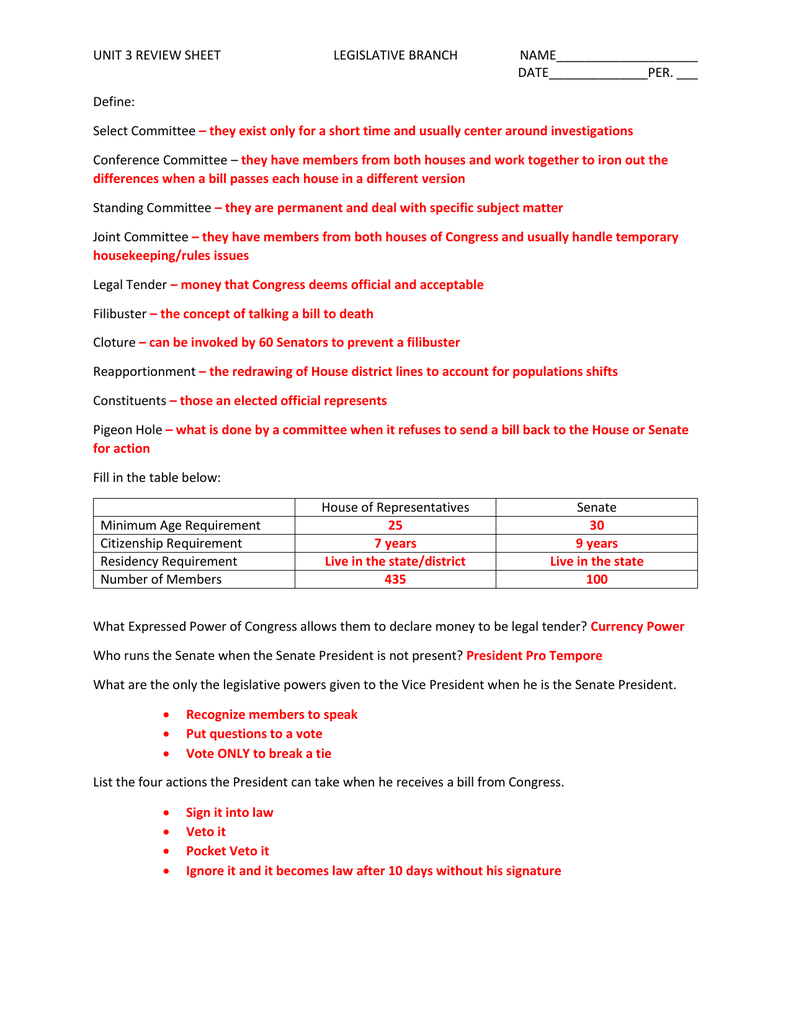 Unit 3 Review Sheet With Answers —