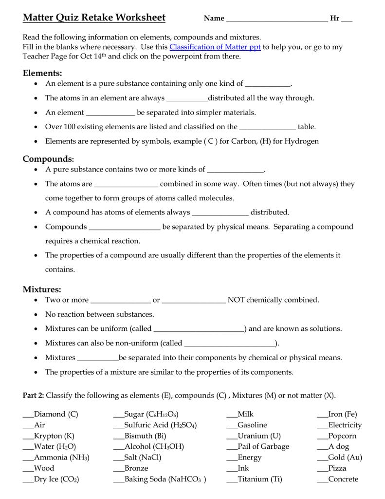 Classification Of Matter Worksheet —