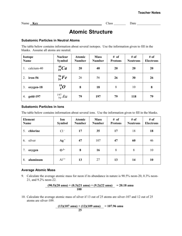 Chemistry Atomic Structure Practice 1 Worksheet —