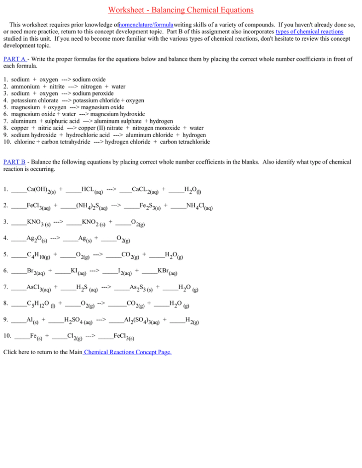 Worksheet Balancing Chemical Equations —