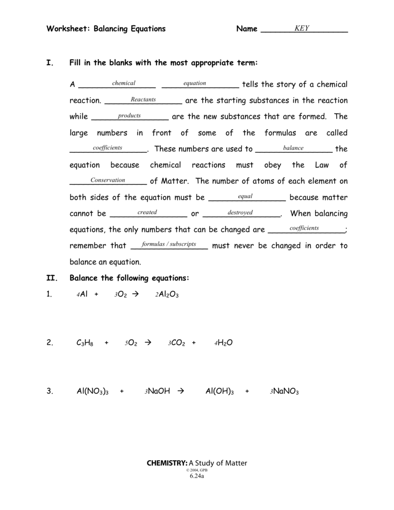Worksheet Balancing Equations Name Chemistry —