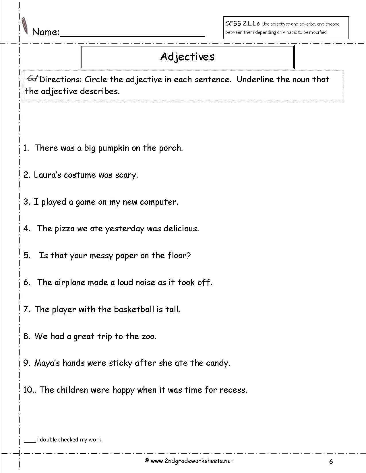 Worksheet Noun Verb Adjective Introduction To Fractions Money — db