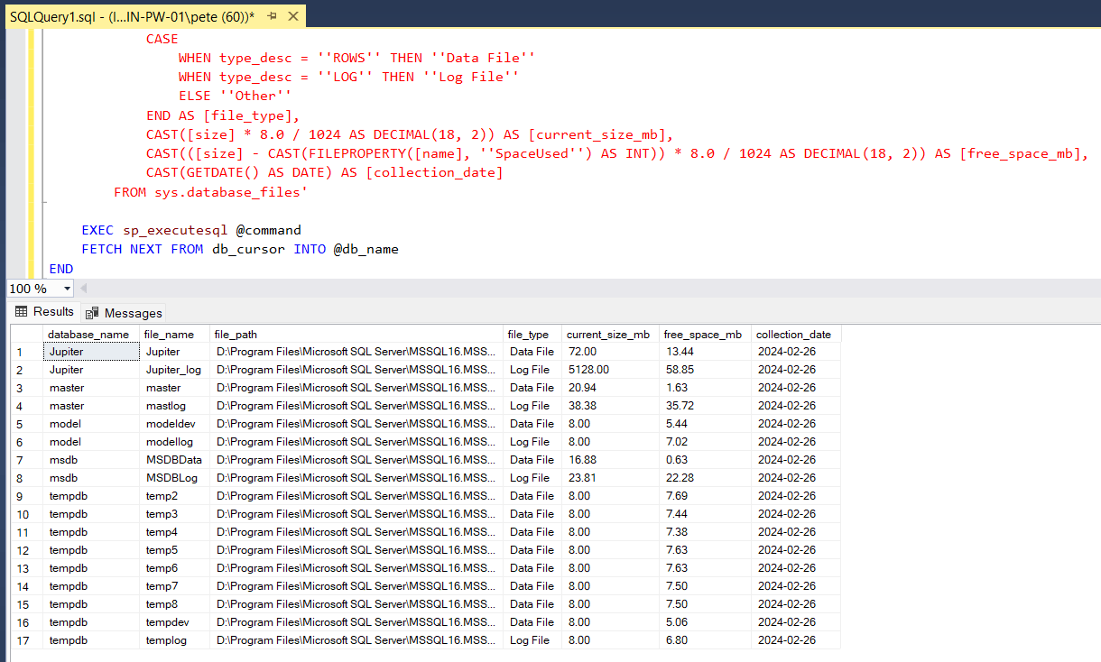 SQL Server Script Get Database Sizes and Free Space DBASco