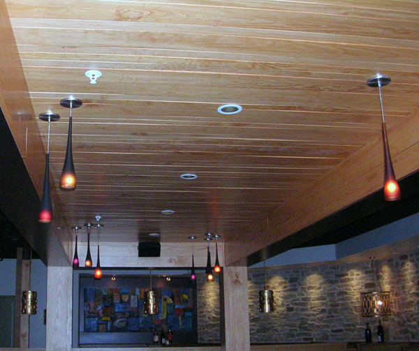Pine wood ceiling stained and installed DBC Millwork