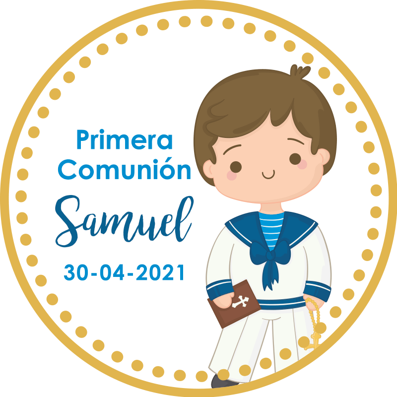 Pegatina para comunión niño circular con nombre TenVinilo