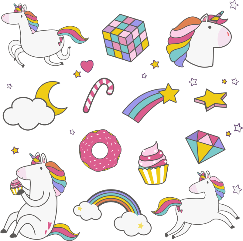 Enhörning och regnbåge ställer in barnens sovrum väggdekor Tenstickers