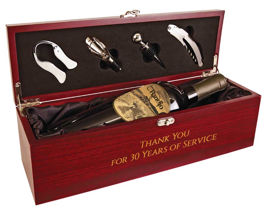 Rosewood Finish Single Wine Box with Tools & Black Lining D&D Engraving