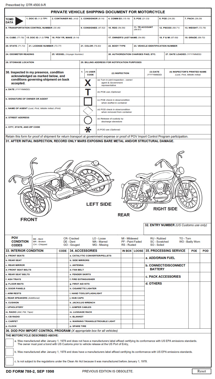 DD Form 7882 Private Vehicle Shipping Document for Motorcycle DD Forms