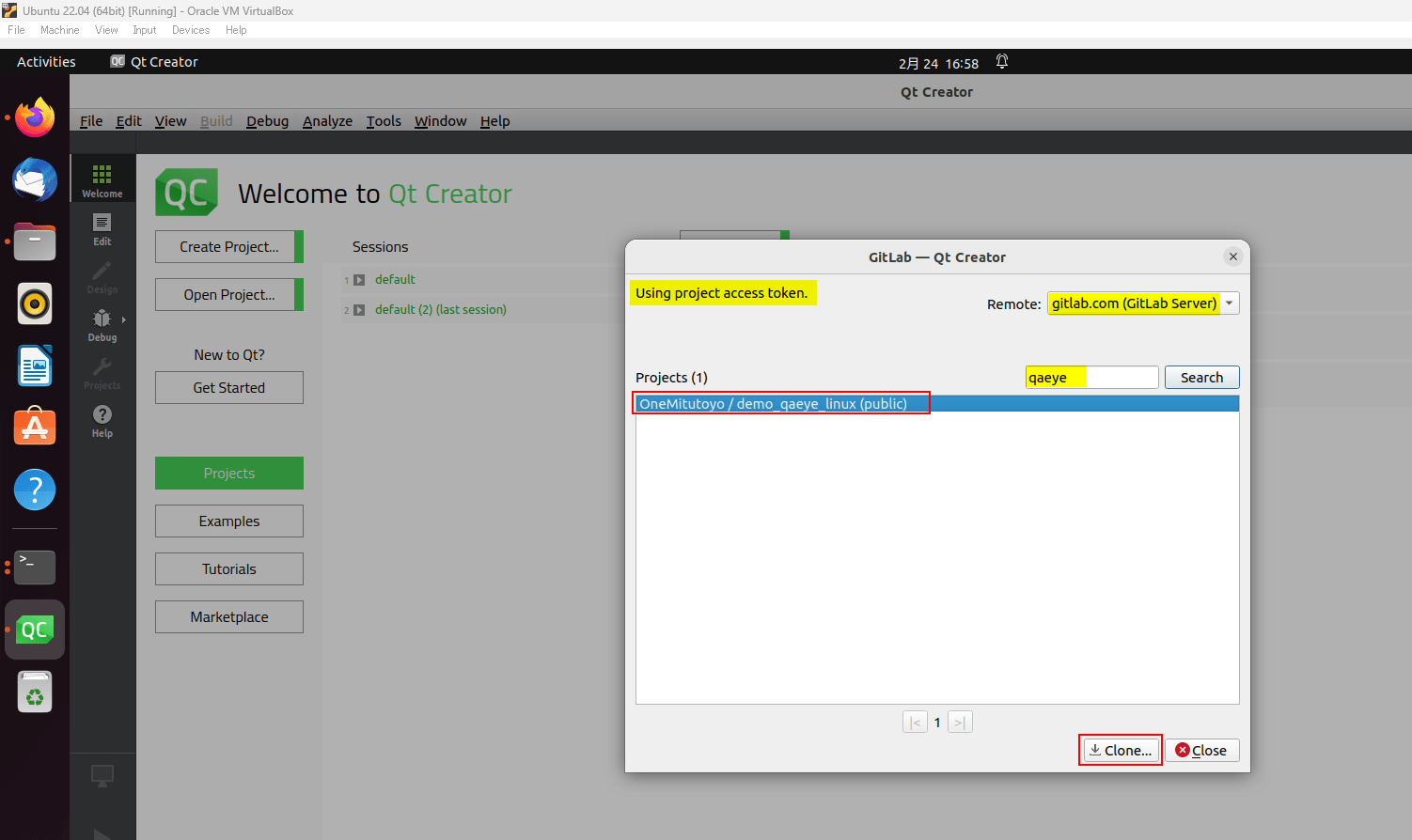 While cloning any Project from the connected Gitlab Server in QT